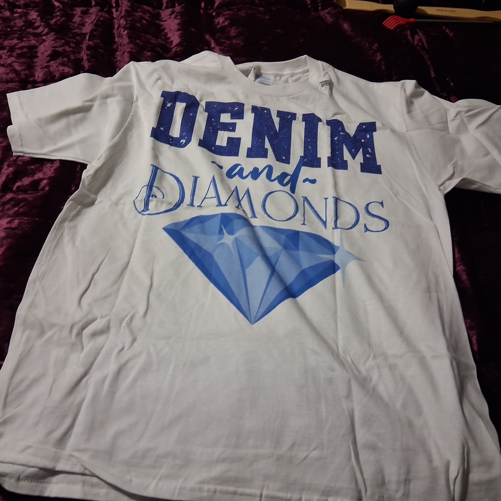White T-Shirt with Blue Graphic